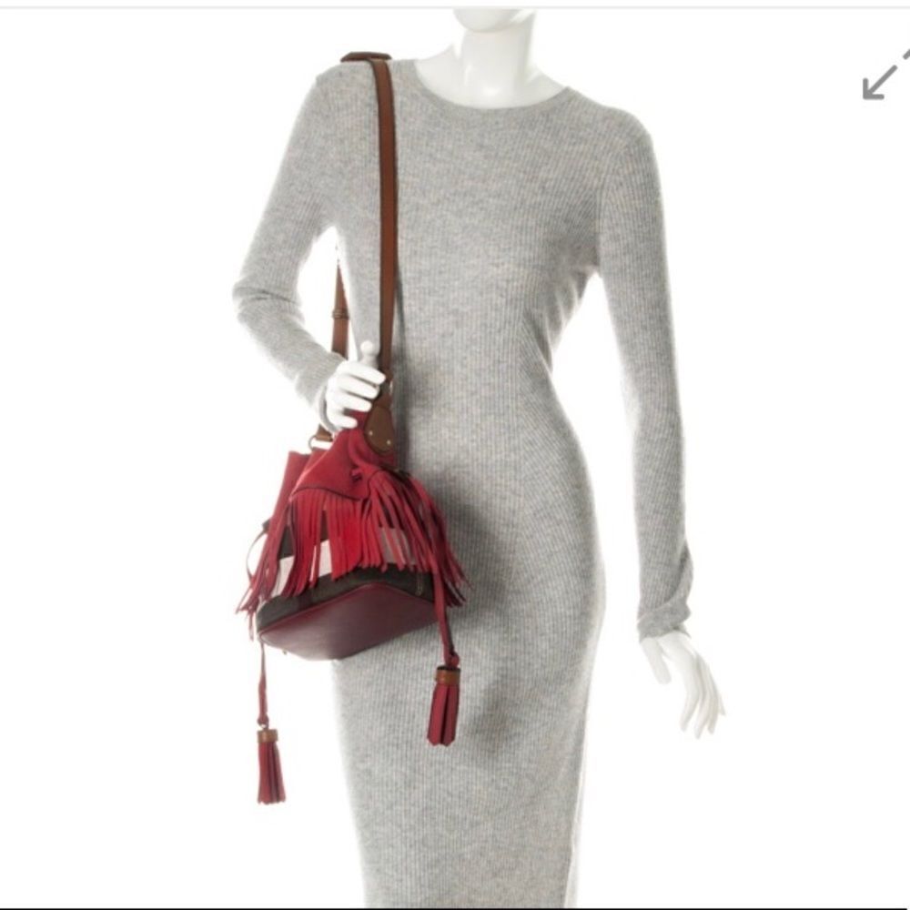 Burberry Belgrove Red Fringe Suede Leather Nova Check Bucket Bag Crossbody - Picture 1 of 13